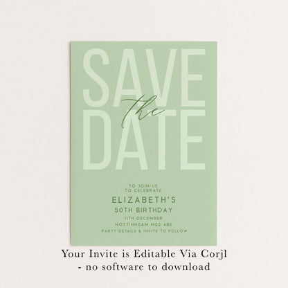 Editable Birthday Save the Date, Editable Unisex Sage Adult Invitation Template, Save the Date Printable Template
