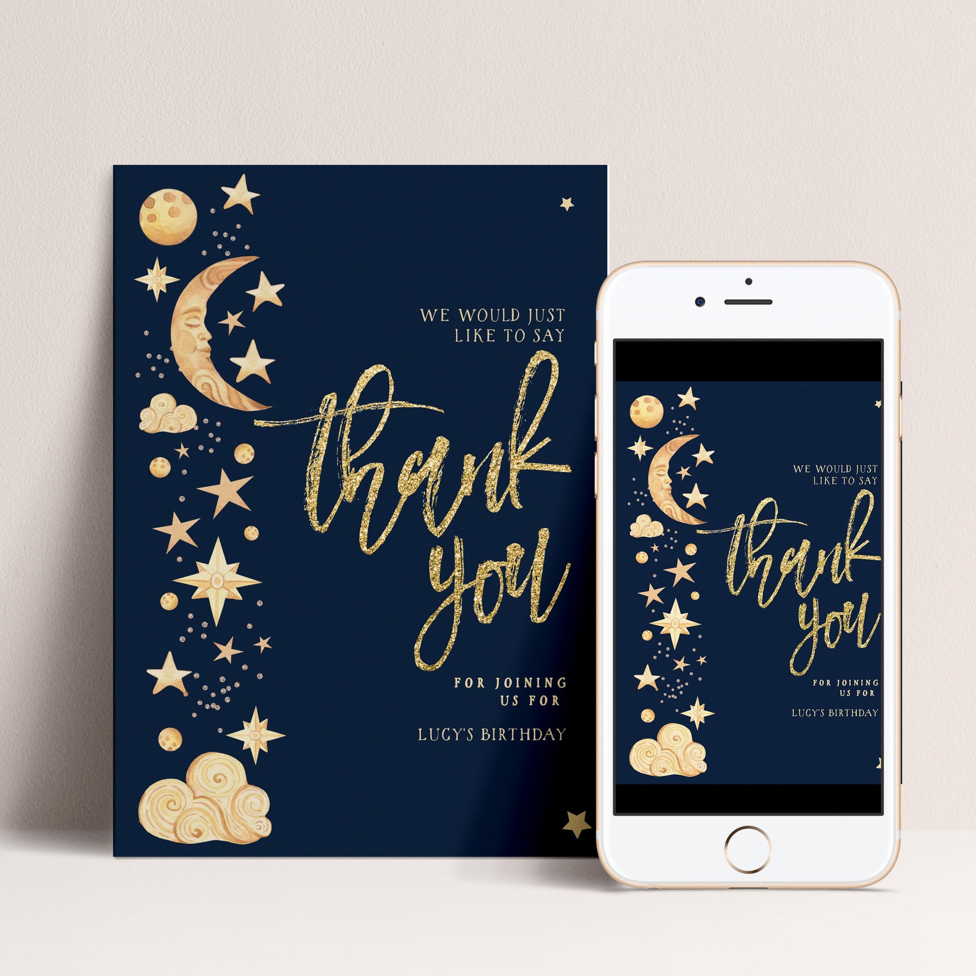 Birthday Thank You Card Celestial, Star Moon Thank You Card, Party Thank You Printable, Editable Template CL09
