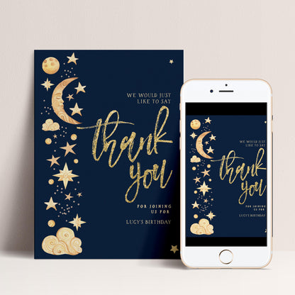 Birthday Thank You Card Celestial, Star Moon Thank You Card, Party Thank You Printable, Editable Template CL09