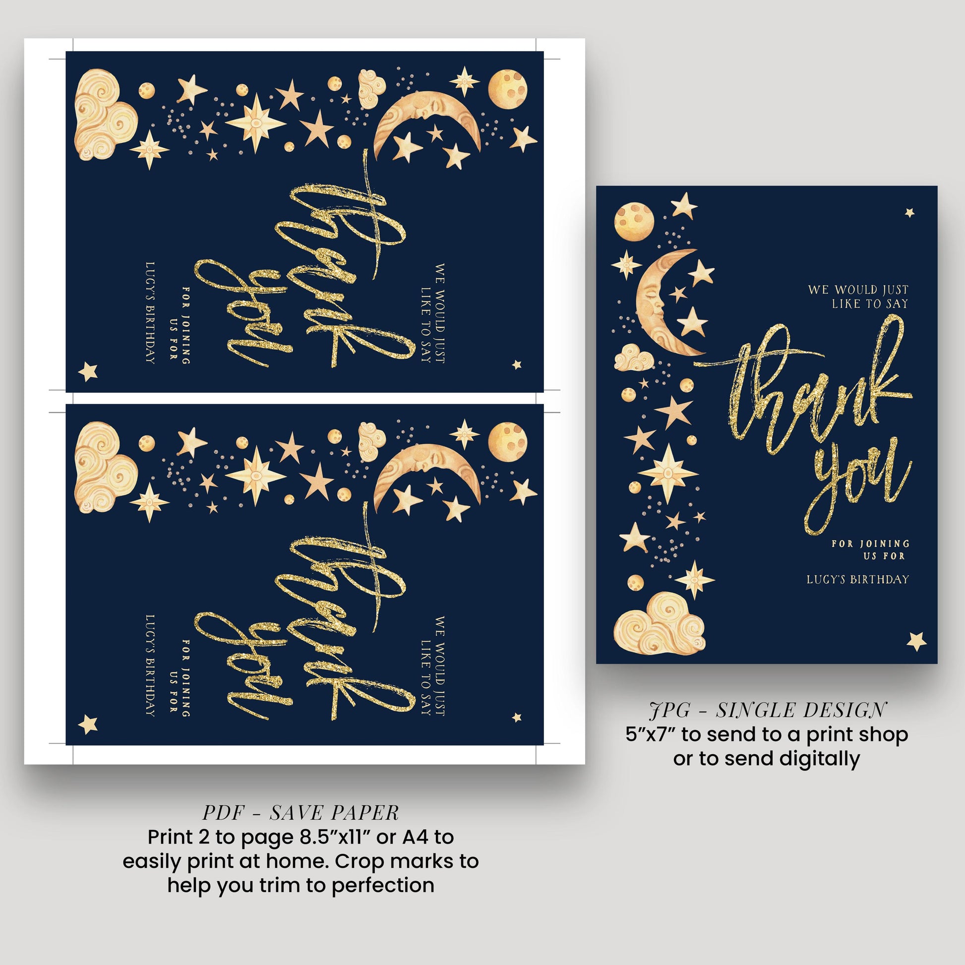 Birthday Thank You Card Celestial, Star Moon Thank You Card, Party Thank You Printable, Editable Template CL09