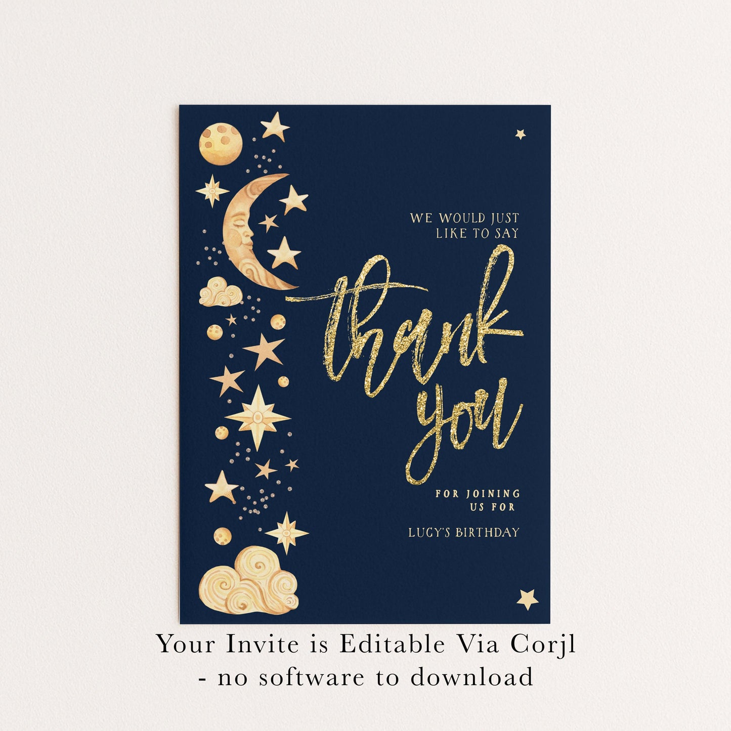 Birthday Thank You Card Celestial, Star Moon Thank You Card, Party Thank You Printable, Editable Template CL09