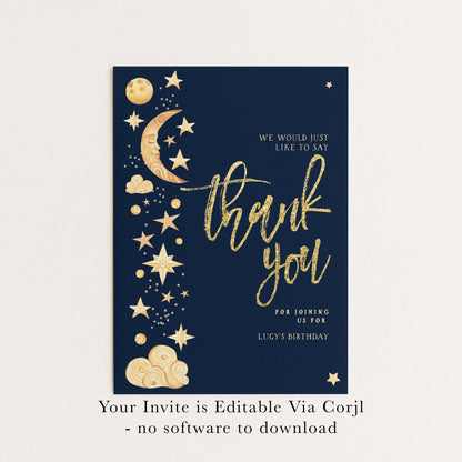 Birthday Thank You Card Celestial, Star Moon Thank You Card, Party Thank You Printable, Editable Template CL09