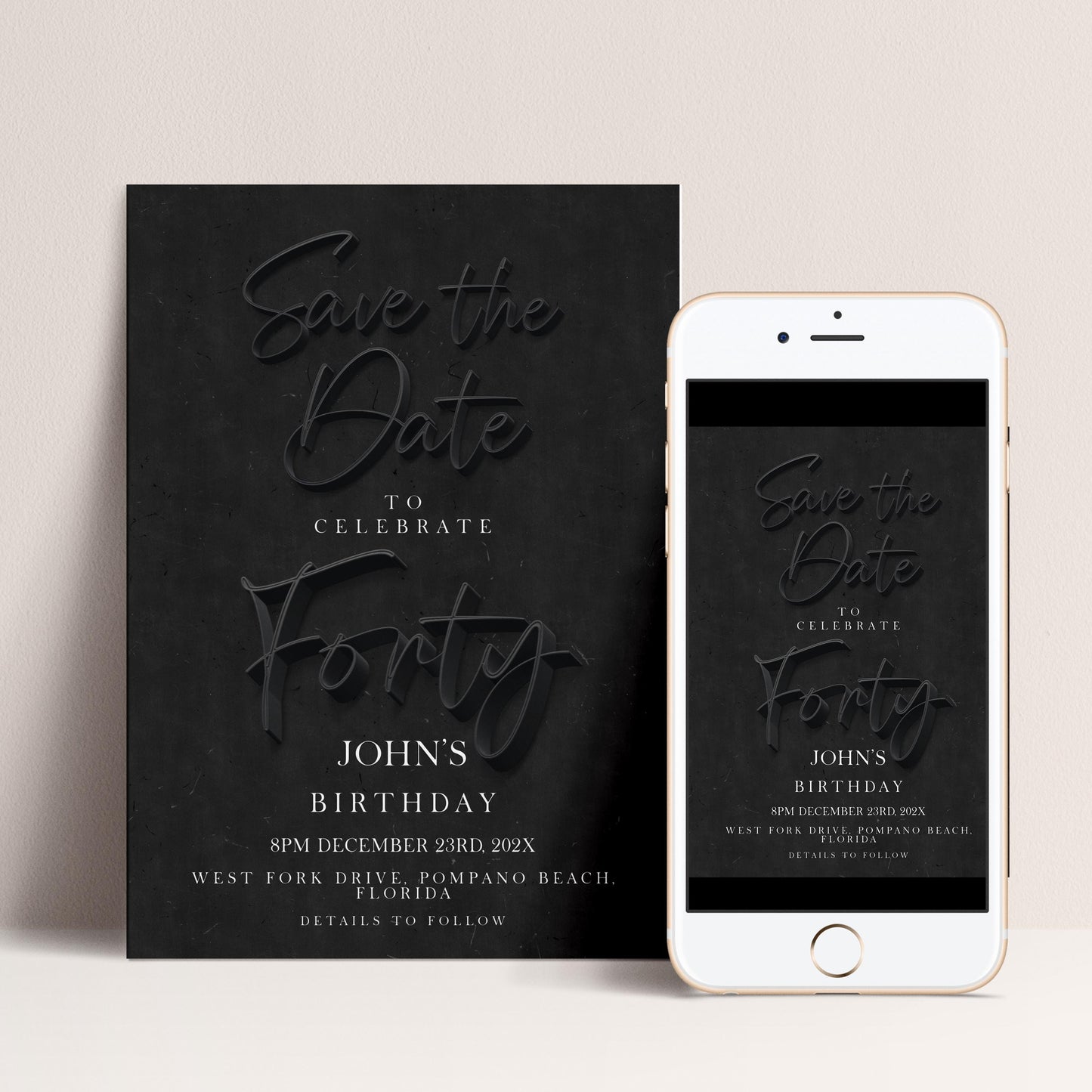 Black 40th Birthday Save the Date | Modern Minimalist Design | Editable Template | Customizable Card | Instant Download SE19