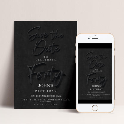 Black 40th Birthday Save the Date | Modern Minimalist Design | Editable Template | Customizable Card | Instant Download SE19