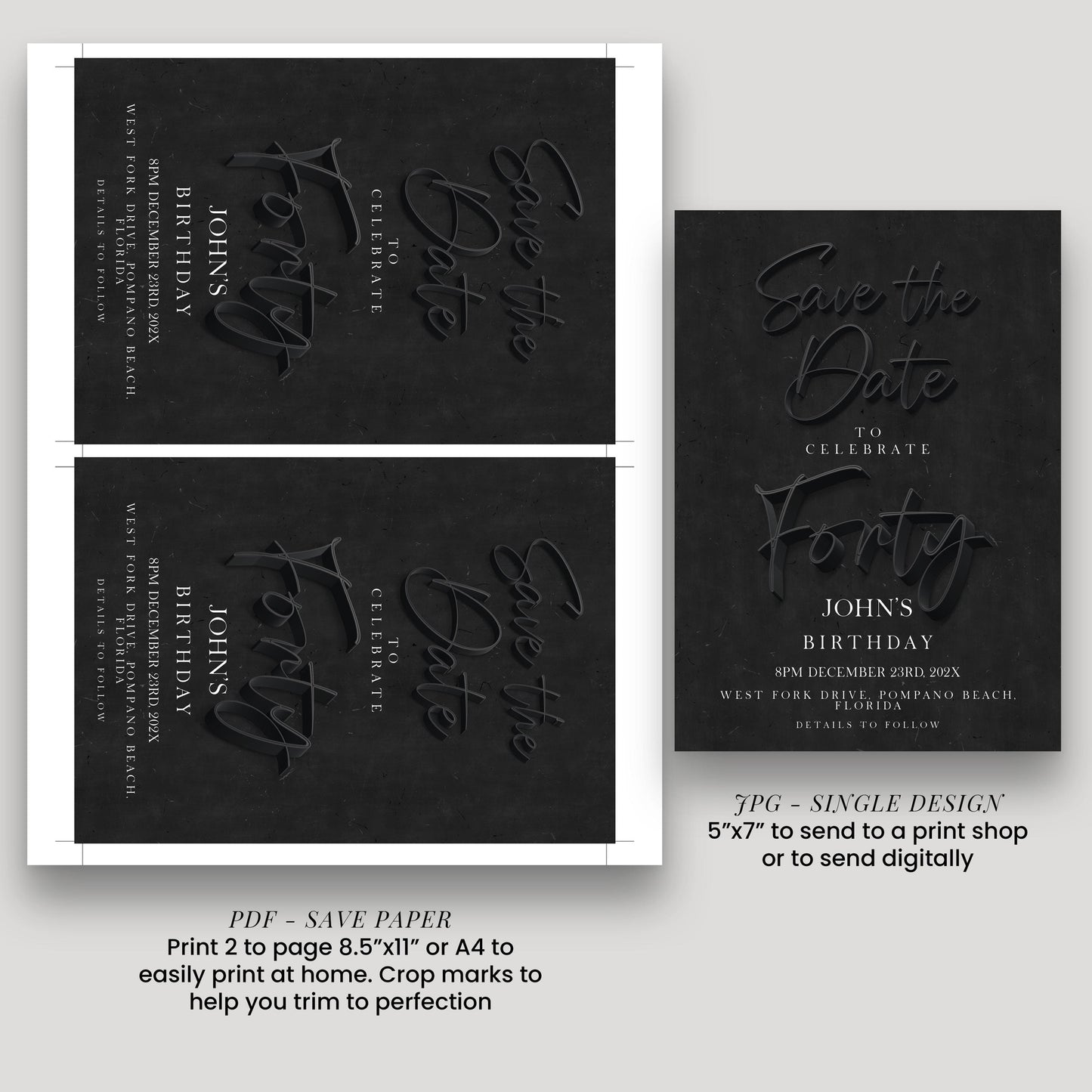 Black 40th Birthday Save the Date | Modern Minimalist Design | Editable Template | Customizable Card | Instant Download SE19