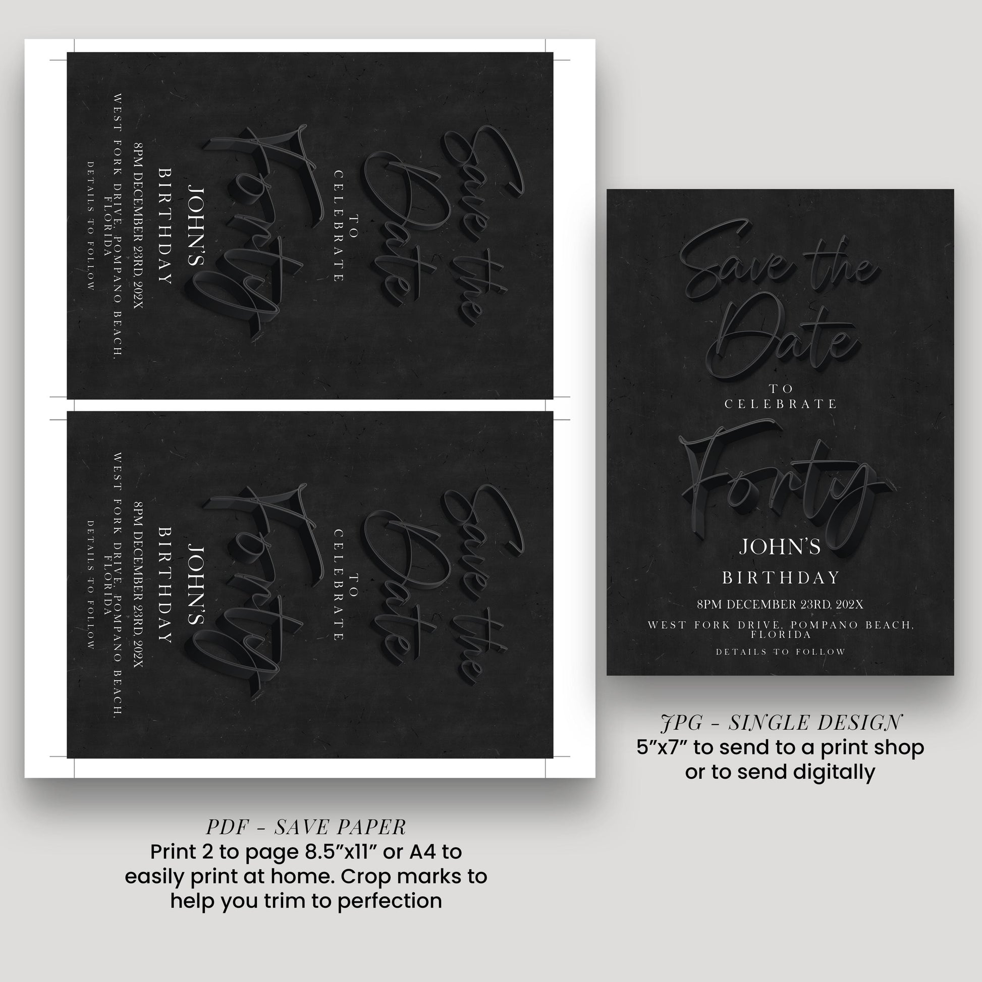 Black 40th Birthday Save the Date | Modern Minimalist Design | Editable Template | Customizable Card | Instant Download SE19