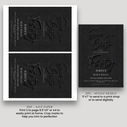 Black 40th Birthday Save the Date | Modern Minimalist Design | Editable Template | Customizable Card | Instant Download SE19