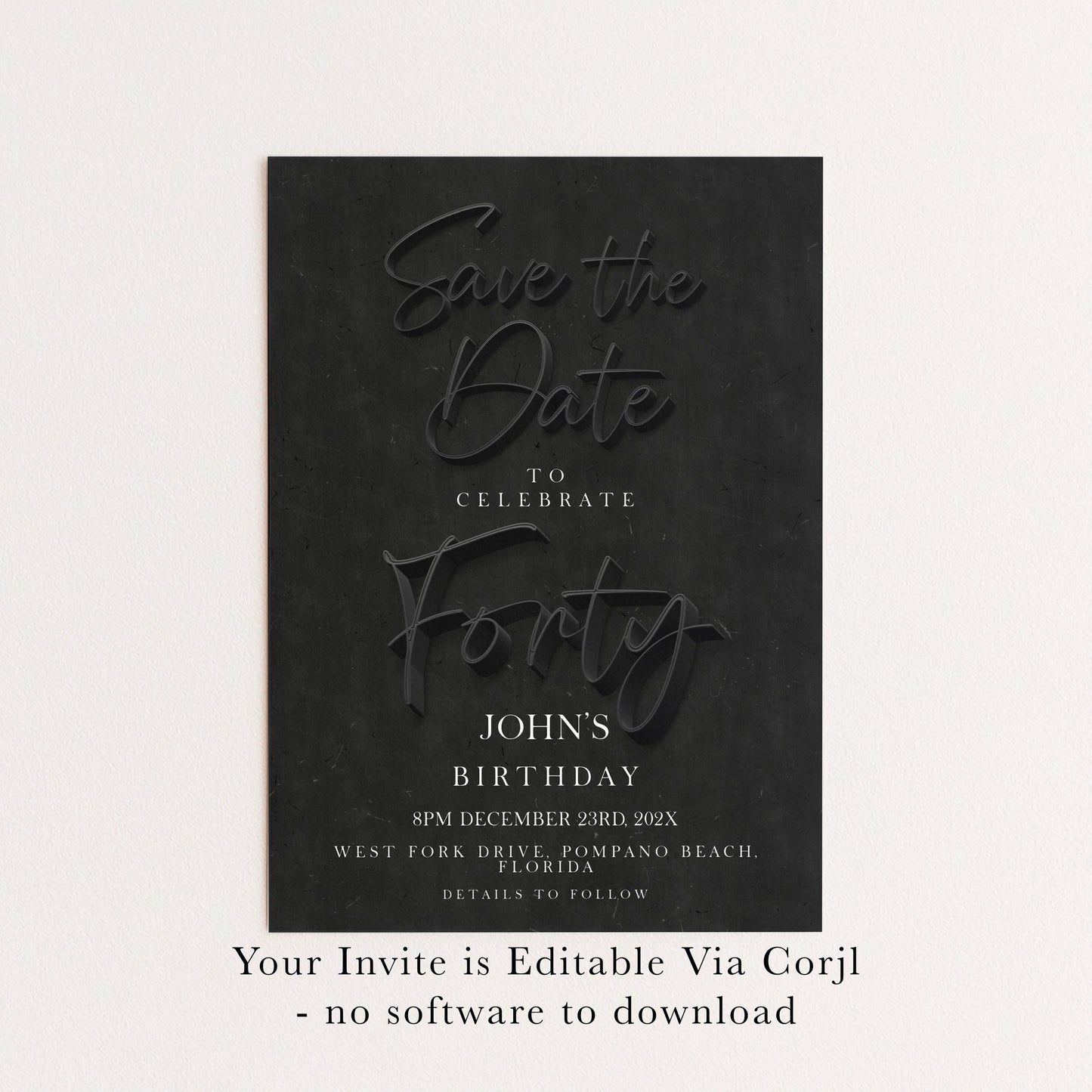 Black 40th Birthday Save the Date | Modern Minimalist Design | Editable Template | Customizable Card | Instant Download SE19