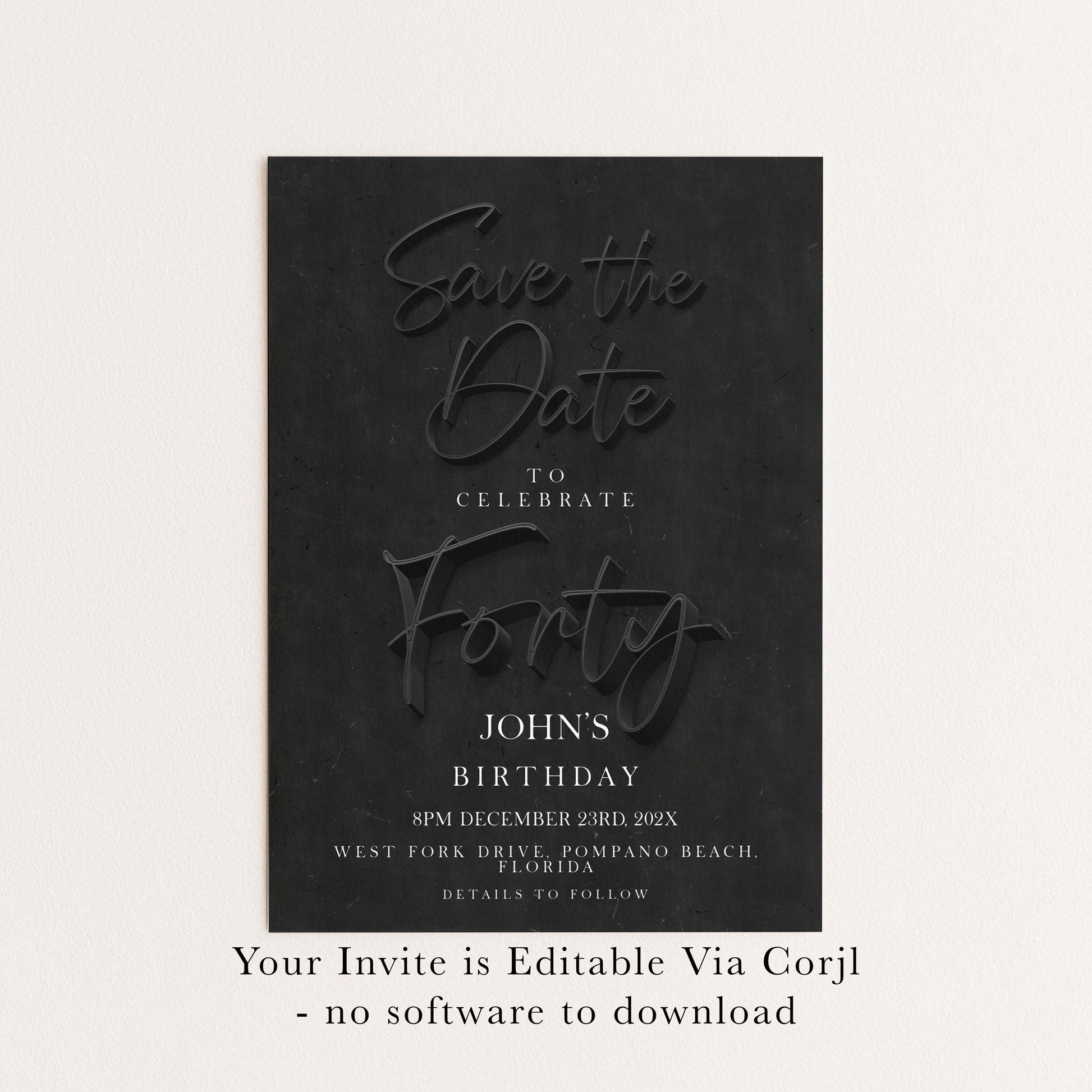 Black 40th Birthday Save the Date | Modern Minimalist Design | Editable Template | Customizable Card | Instant Download SE19