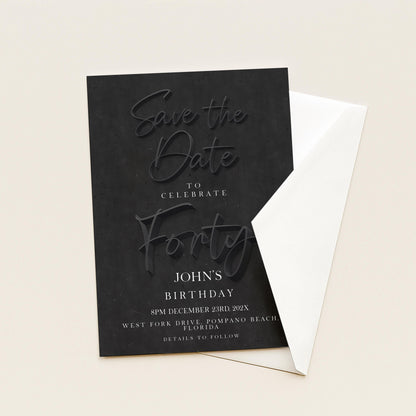 Black 40th Birthday Save the Date | Modern Minimalist Design | Editable Template | Customizable Card | Instant Download SE19
