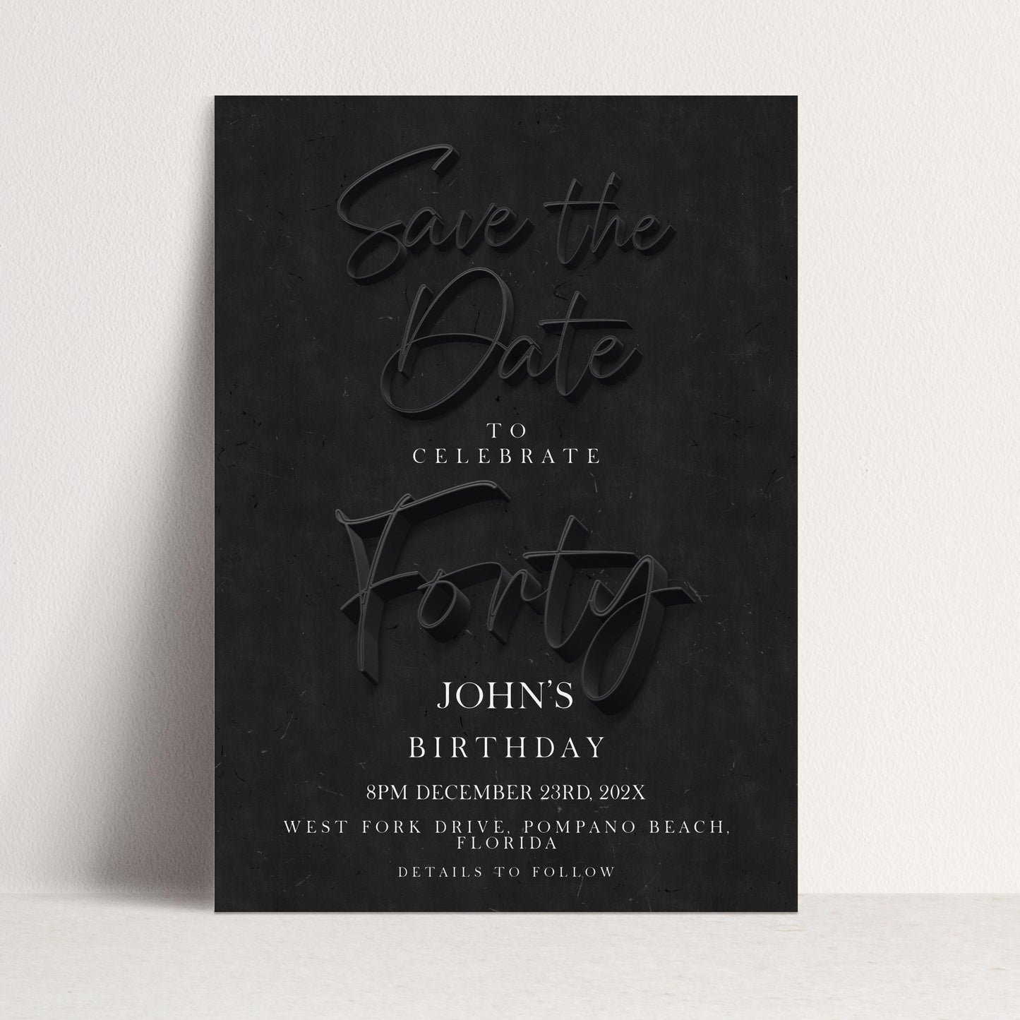 Black 40th Birthday Save the Date | Modern Minimalist Design | Editable Template | Customizable Card | Instant Download SE19