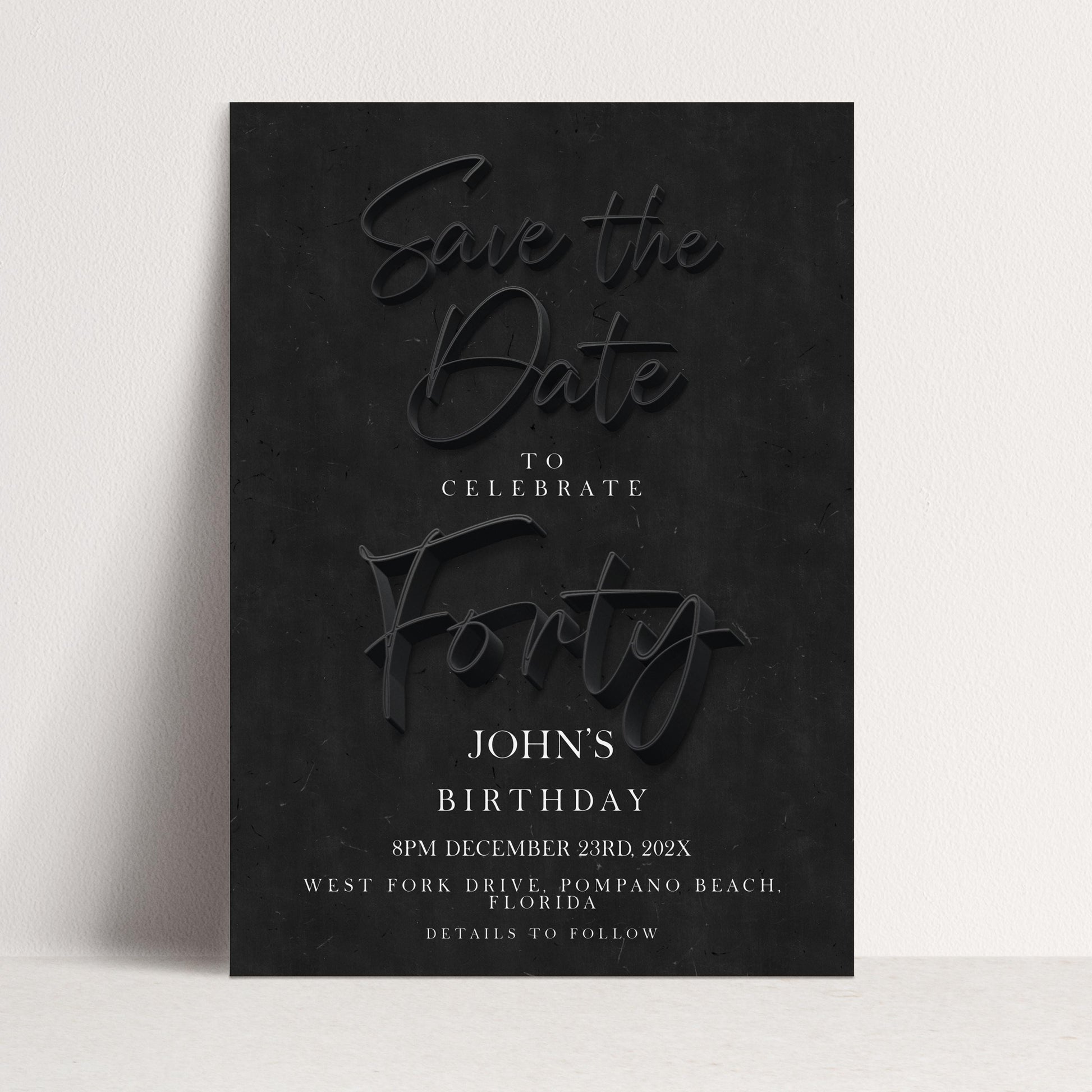 Black 40th Birthday Save the Date | Modern Minimalist Design | Editable Template | Customizable Card | Instant Download SE19