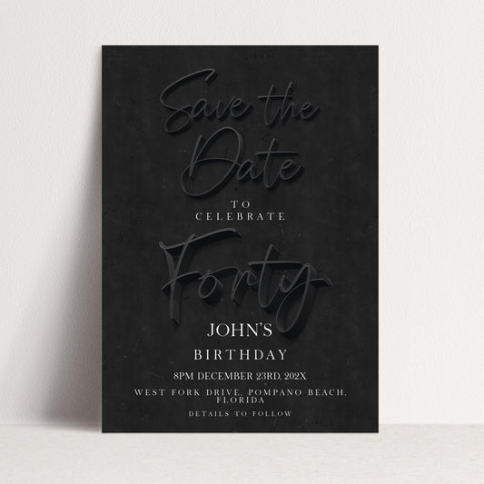 Black 40th Birthday Save the Date | Modern Minimalist Design | Editable Template | Customizable Card | Instant Download SE19