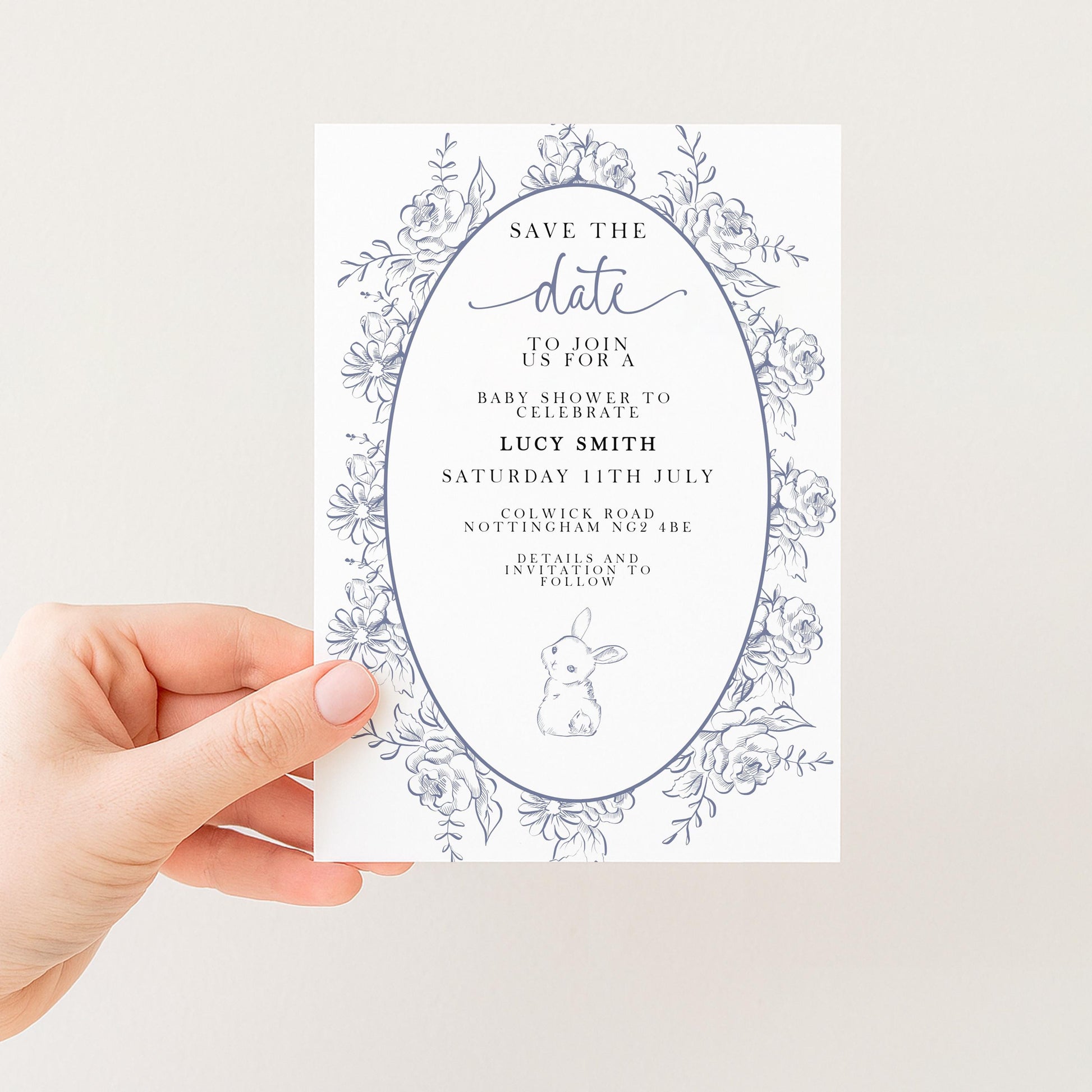 Editable Blue Toile Save the Date Baby Shower Card, Printable Vintage Bunny Template, Baby Shower Announcement, Corjl Template PT20
