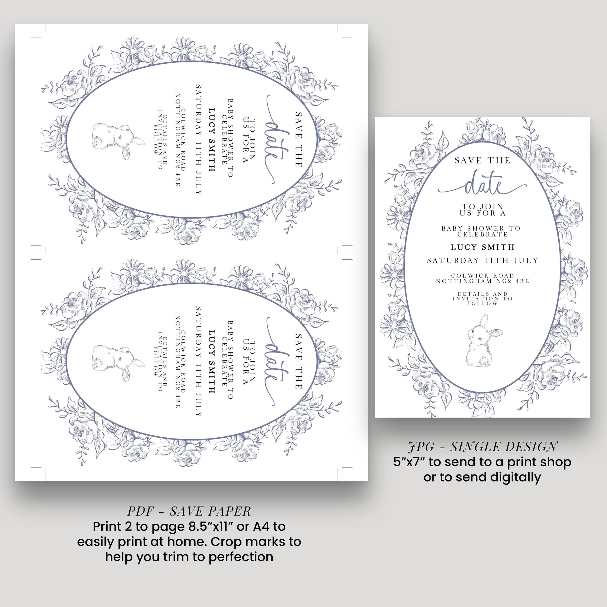 Editable Blue Toile Save the Date Baby Shower Card, Printable Vintage Bunny Template, Baby Shower Announcement, Corjl Template PT20