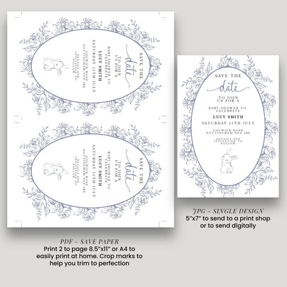 Editable Blue Toile Save the Date Baby Shower Card, Printable Vintage Bunny Template, Baby Shower Announcement, Corjl Template PT20