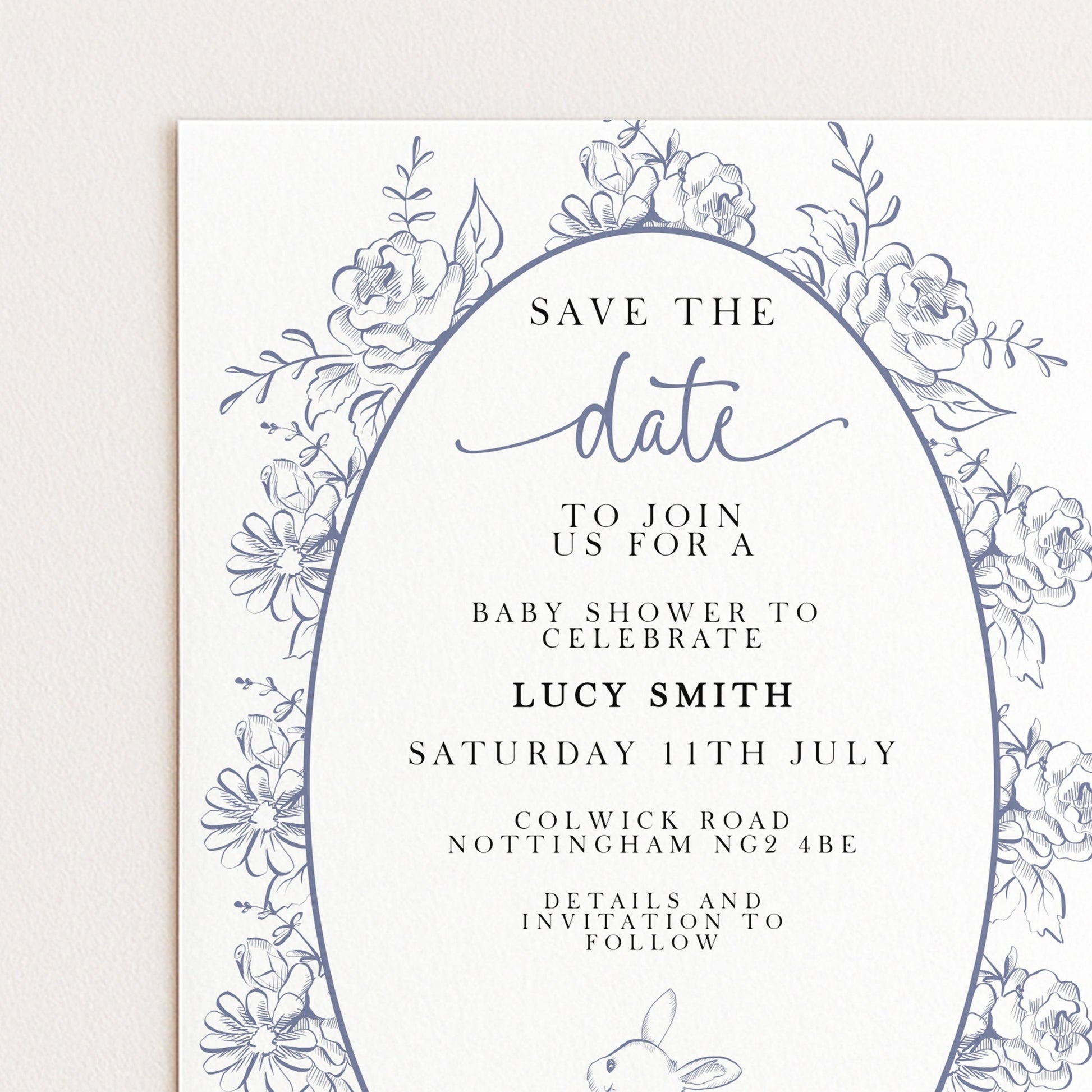 Editable Blue Toile Save the Date Baby Shower Card, Printable Vintage Bunny Template, Baby Shower Announcement, Corjl Template PT20