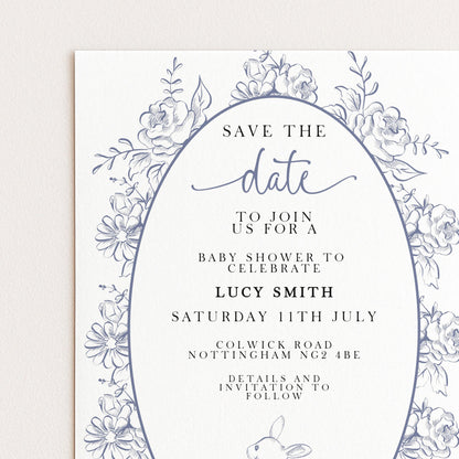Editable Blue Toile Save the Date Baby Shower Card, Printable Vintage Bunny Template, Baby Shower Announcement, Corjl Template PT20