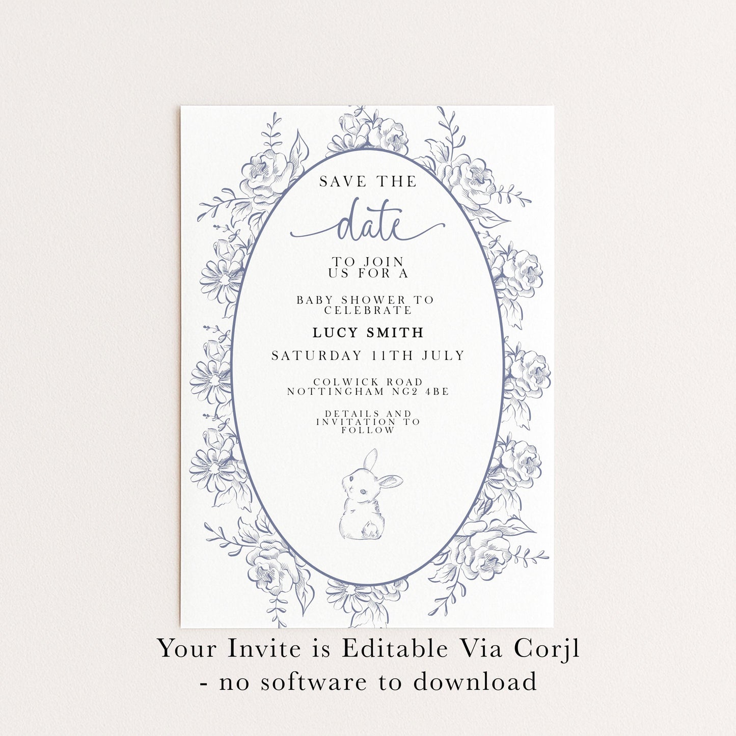 Editable Blue Toile Save the Date Baby Shower Card, Printable Vintage Bunny Template, Baby Shower Announcement, Corjl Template PT20