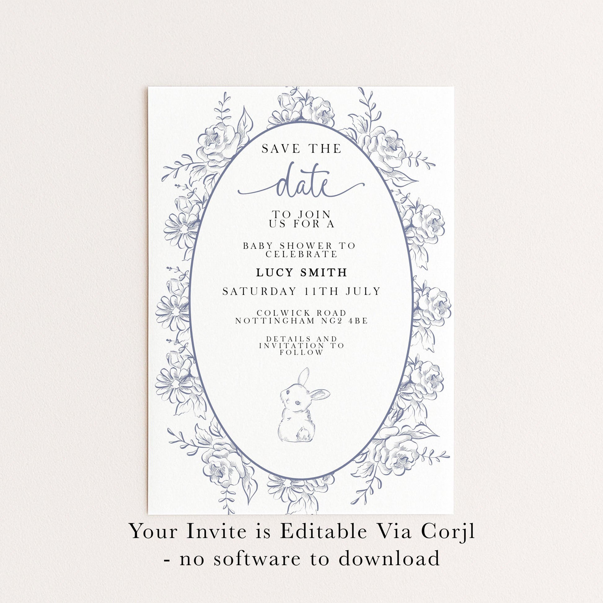 Editable Blue Toile Save the Date Baby Shower Card, Printable Vintage Bunny Template, Baby Shower Announcement, Corjl Template PT20