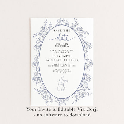 Editable Blue Toile Save the Date Baby Shower Card, Printable Vintage Bunny Template, Baby Shower Announcement, Corjl Template PT20