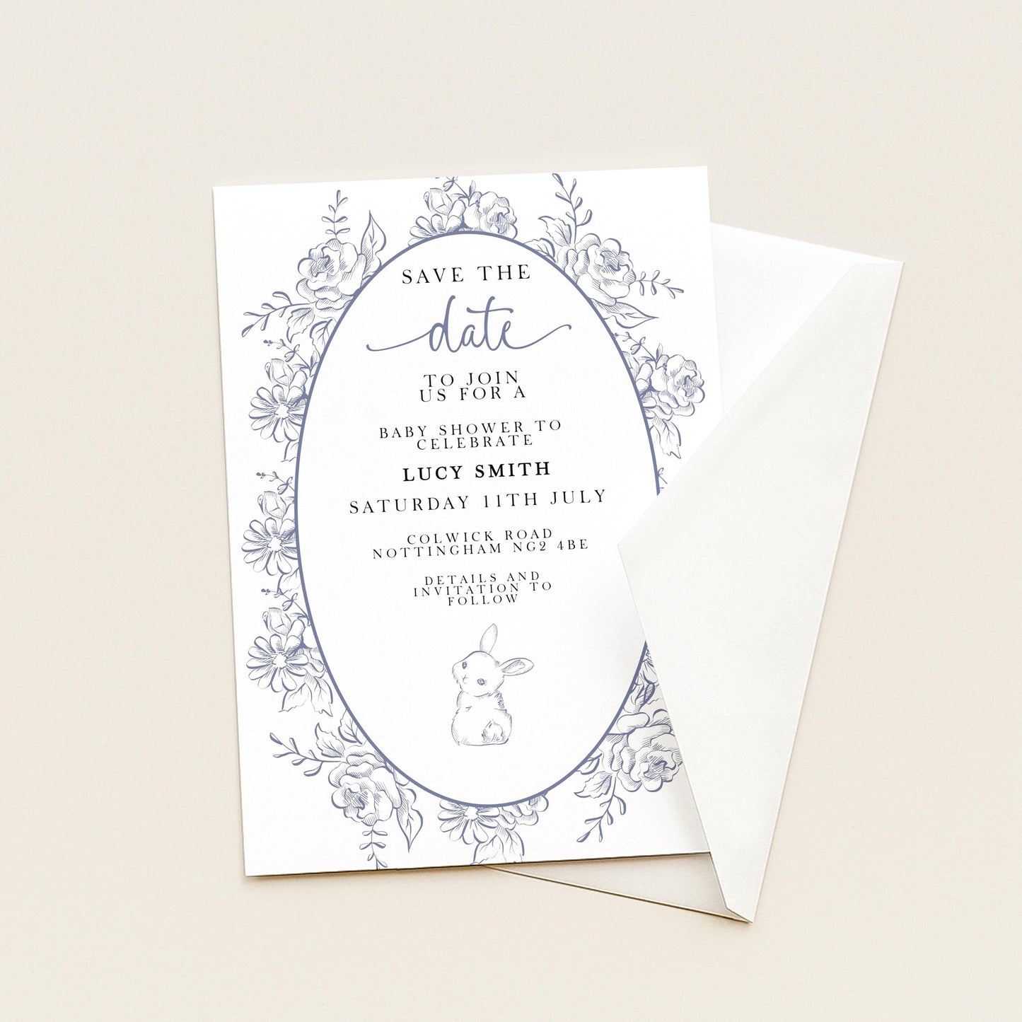 Editable Blue Toile Save the Date Baby Shower Card, Printable Vintage Bunny Template, Baby Shower Announcement, Corjl Template PT20