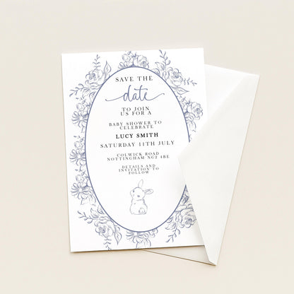 Editable Blue Toile Save the Date Baby Shower Card, Printable Vintage Bunny Template, Baby Shower Announcement, Corjl Template PT20