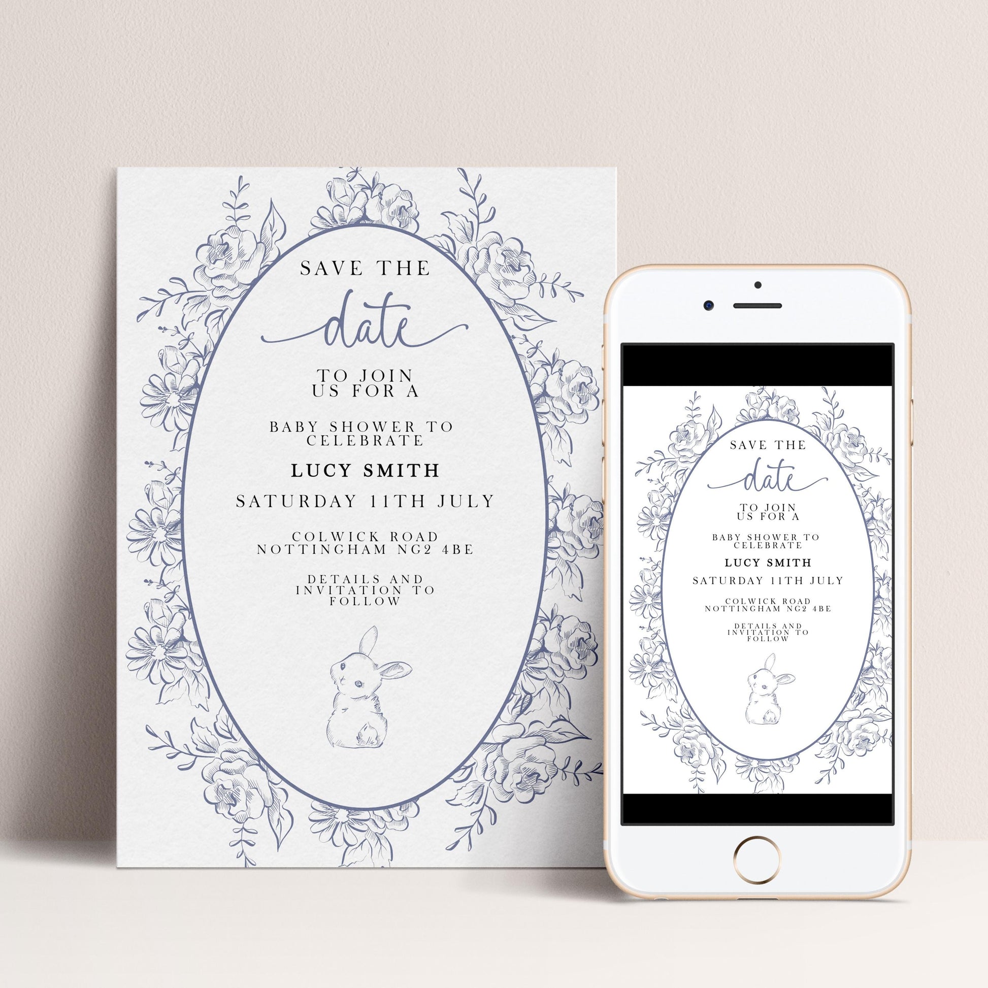 Editable Blue Toile Save the Date Baby Shower Card, Printable Vintage Bunny Template, Baby Shower Announcement, Corjl Template PT20