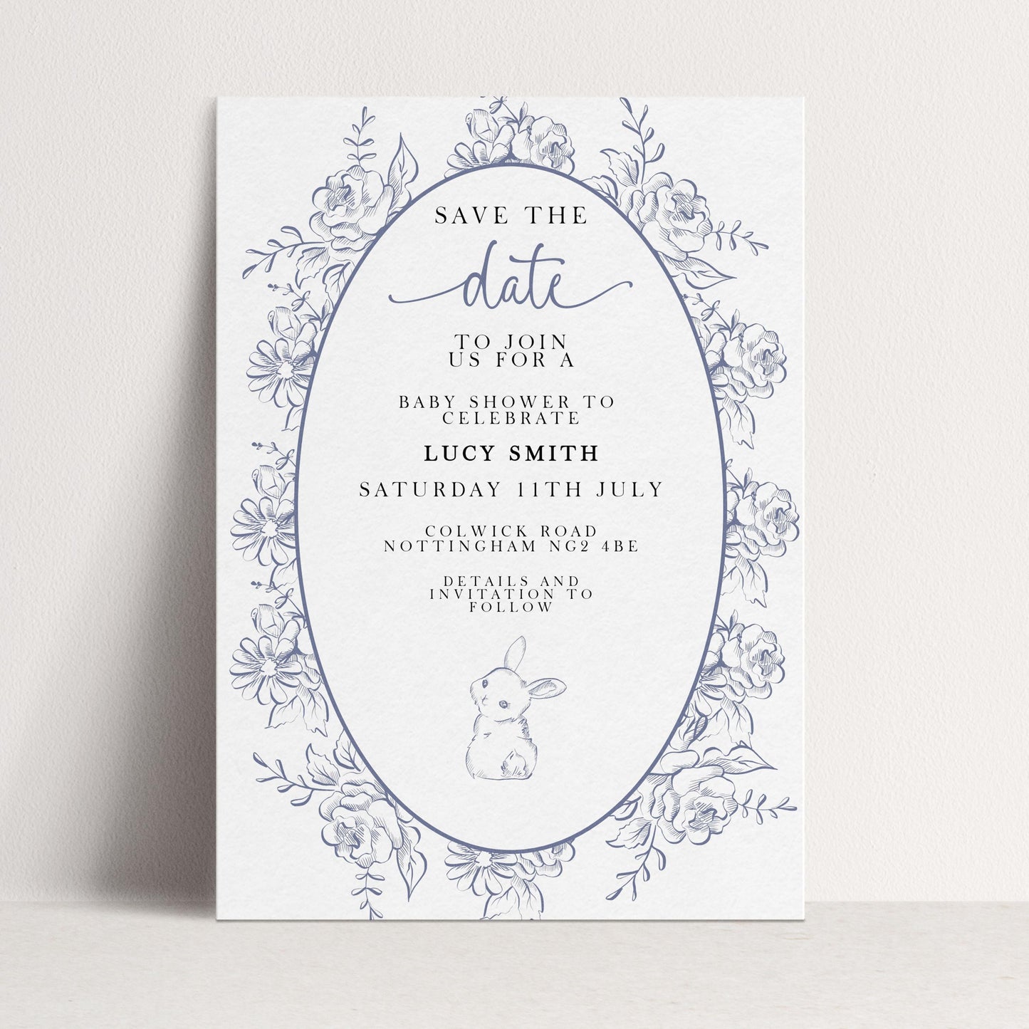 Editable Blue Toile Save the Date Baby Shower Card, Printable Vintage Bunny Template, Baby Shower Announcement, Corjl Template PT20