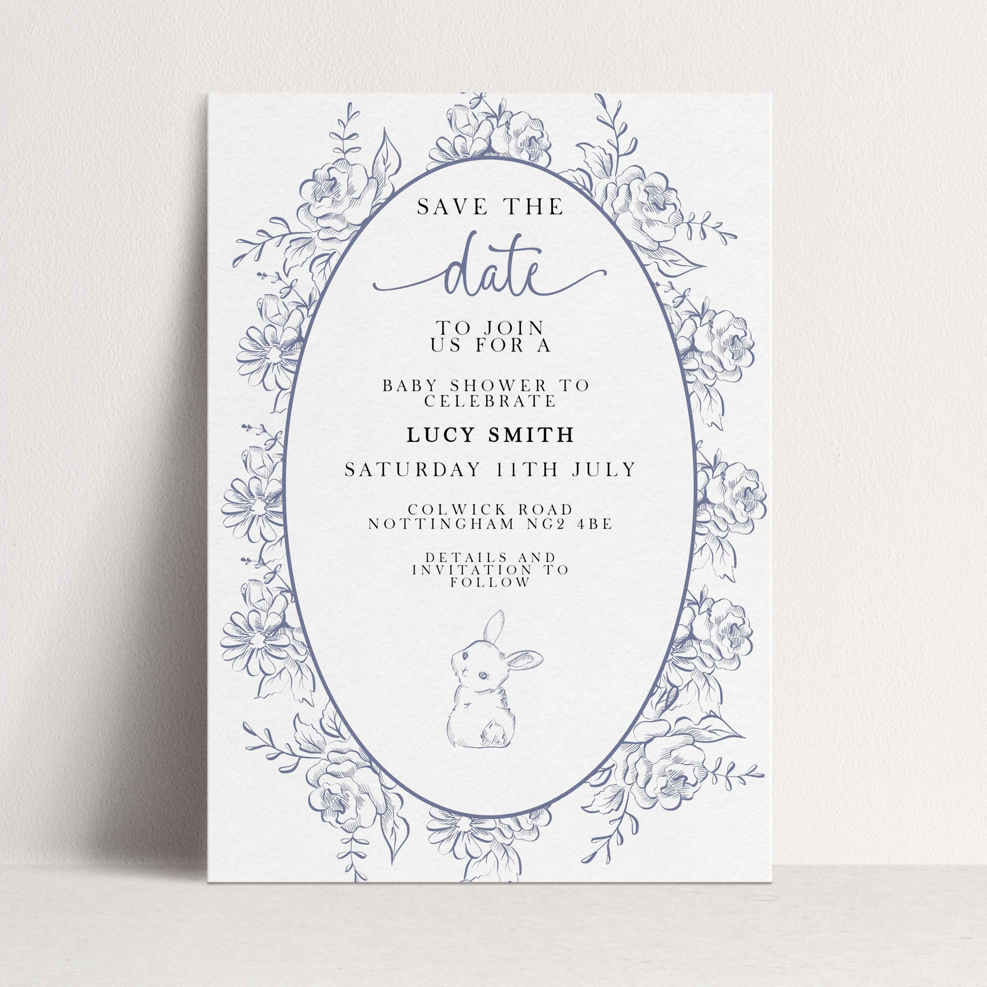 Editable Blue Toile Save the Date Baby Shower Card, Printable Vintage Bunny Template, Baby Shower Announcement, Corjl Template PT20