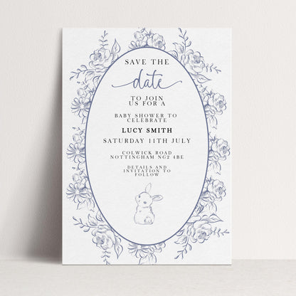 Editable Blue Toile Save the Date Baby Shower Card, Printable Vintage Bunny Template, Baby Shower Announcement, Corjl Template PT20