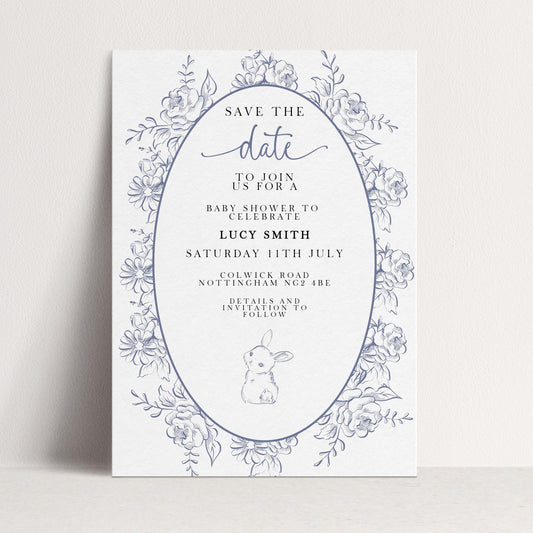 Editable Blue Toile Save the Date Baby Shower Card, Printable Vintage Bunny Template, Baby Shower Announcement, Corjl Template PT20