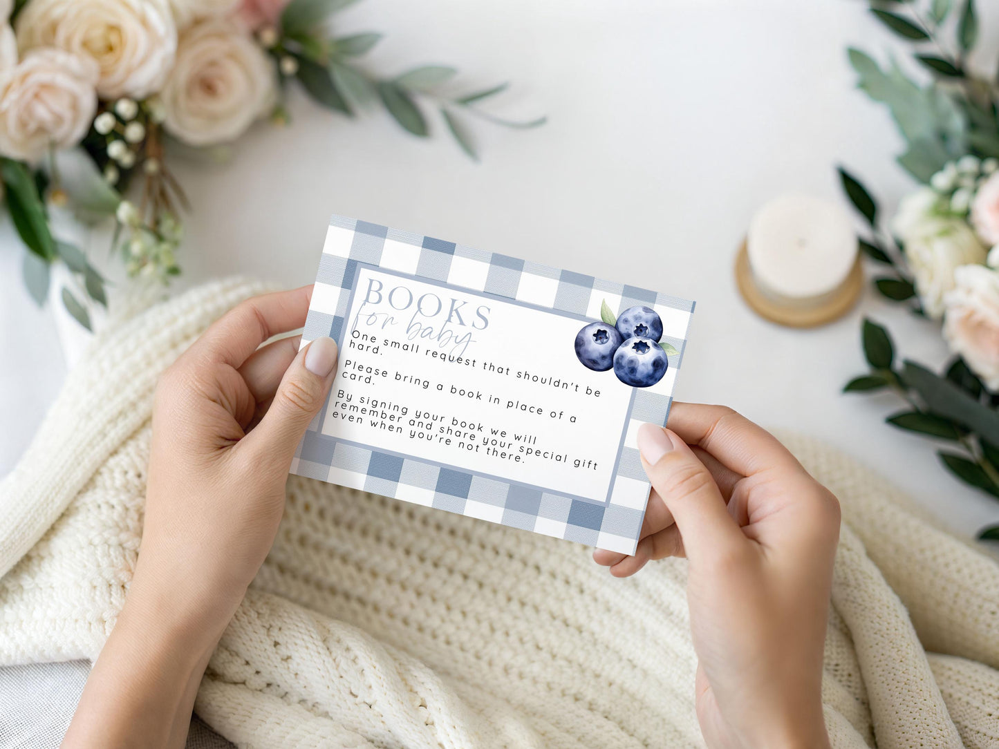 Blueberry Baby Shower Bundle, Corjl Insert Card Set, Editable Diaper Raffle, Book for Baby, Thank You Card, Blue Gingham Baby Shower BL21