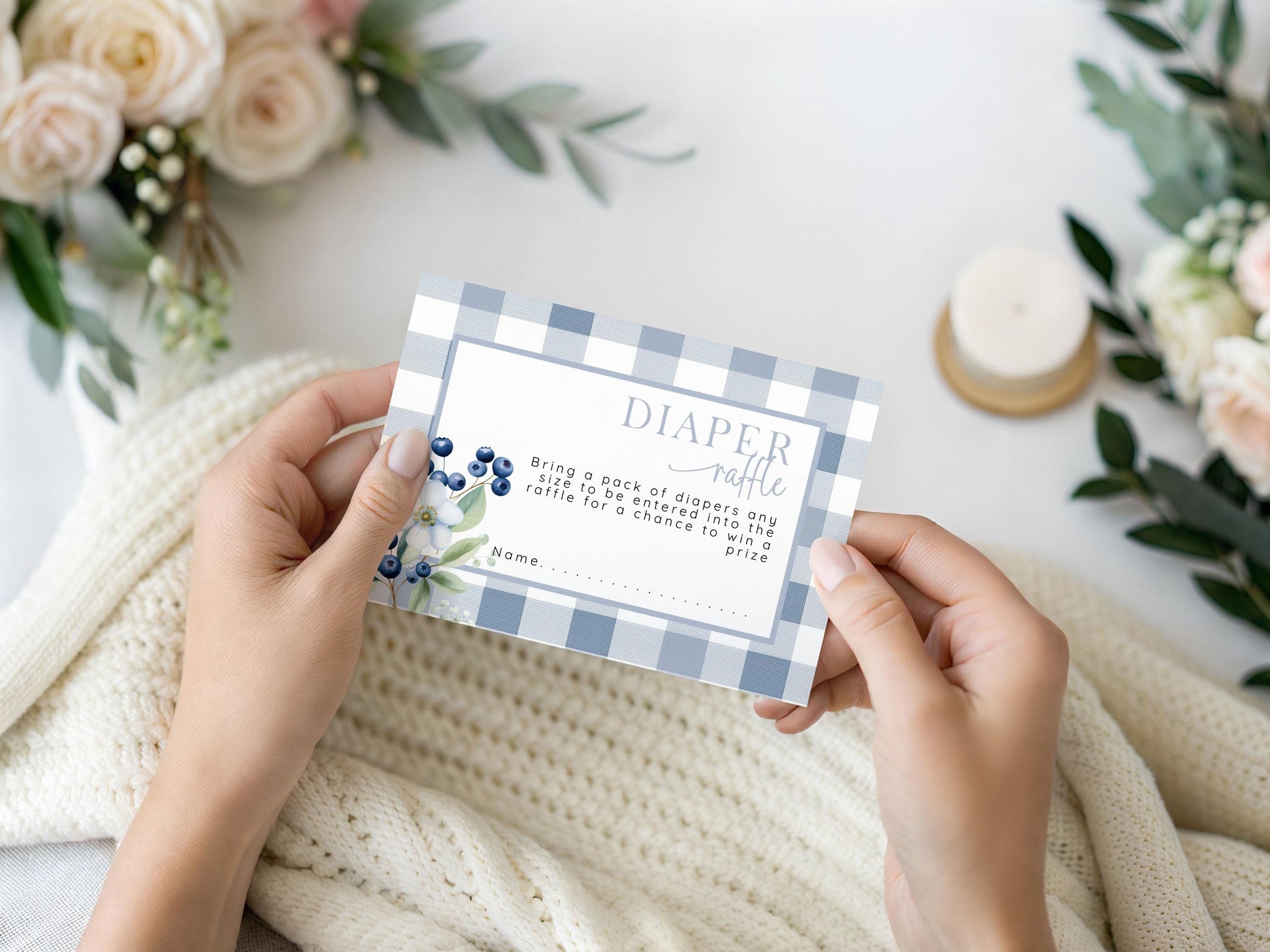 Blueberry Baby Shower Bundle, Corjl Insert Card Set, Editable Diaper Raffle, Book for Baby, Thank You Card, Blue Gingham Baby Shower BL21