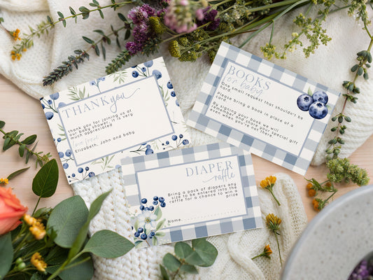 Blueberry Baby Shower Bundle, Corjl Insert Card Set, Editable Diaper Raffle, Book for Baby, Thank You Card, Blue Gingham Baby Shower BL21