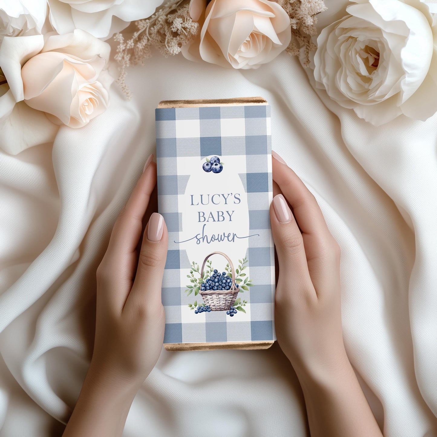 Blueberry Baby Shower Candy Bar Wrappers, Editable Favor Template – Berry Sweet Printable Chocolate Wrapper – Blue Gingham Corjl Design BL21