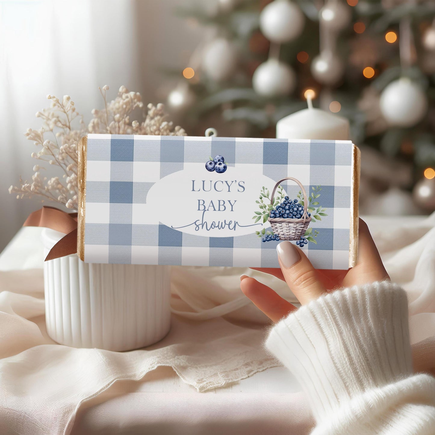 Blueberry Baby Shower Candy Bar Wrappers, Editable Favor Template – Berry Sweet Printable Chocolate Wrapper – Blue Gingham Corjl Design BL21
