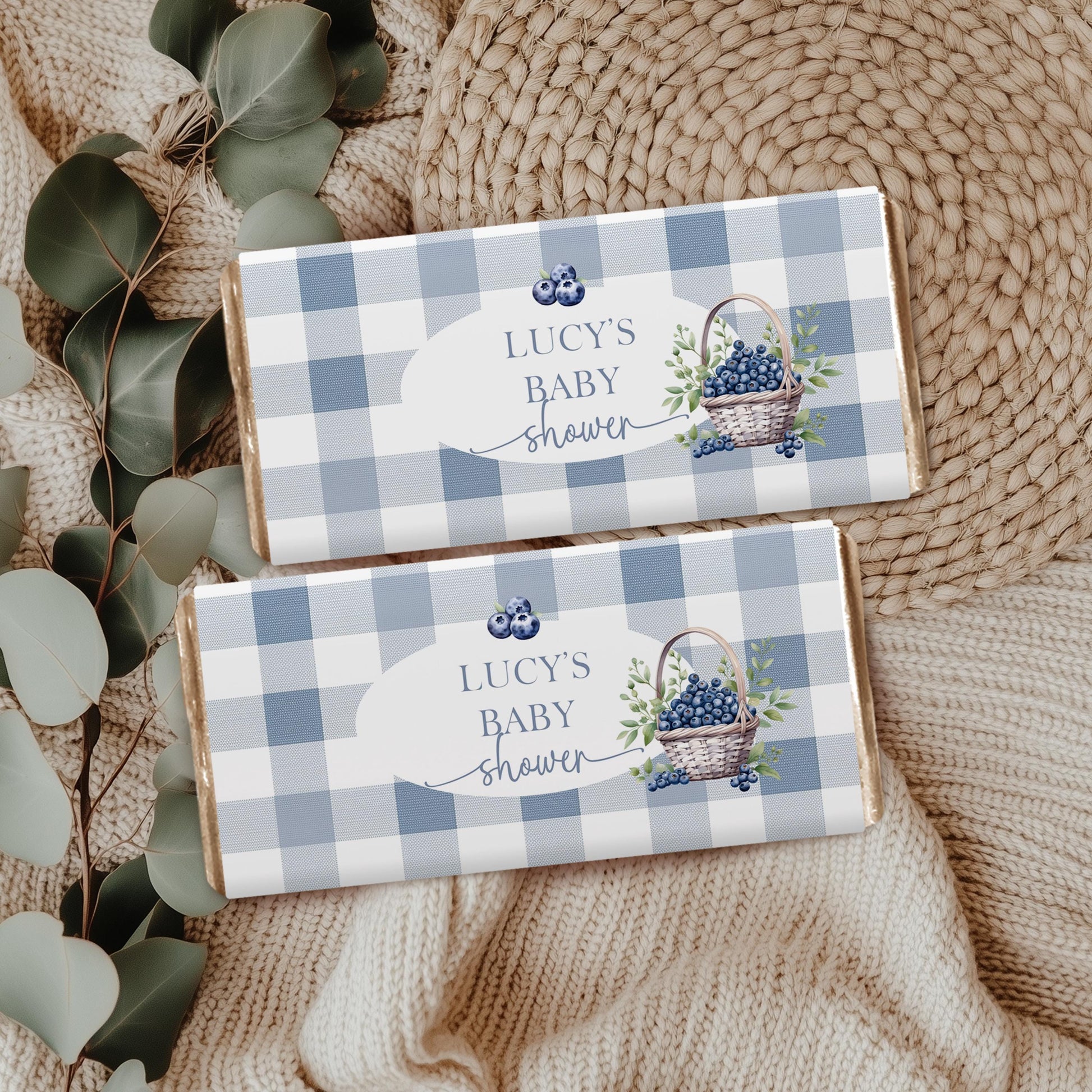 Blueberry Baby Shower Candy Bar Wrappers, Editable Favor Template – Berry Sweet Printable Chocolate Wrapper – Blue Gingham Corjl Design BL21