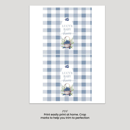 Blueberry Baby Shower Candy Bar Wrappers, Editable Favor Template – Berry Sweet Printable Chocolate Wrapper – Blue Gingham Corjl Design BL21