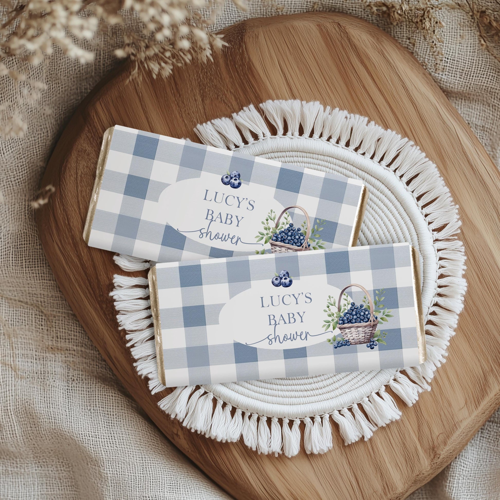 Blueberry Baby Shower Candy Bar Wrappers, Editable Favor Template – Berry Sweet Printable Chocolate Wrapper – Blue Gingham Corjl Design BL21