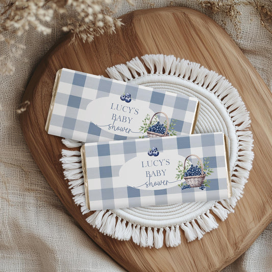 Blueberry Baby Shower Candy Bar Wrappers, Editable Favor Template – Berry Sweet Printable Chocolate Wrapper – Blue Gingham Corjl Design BL21