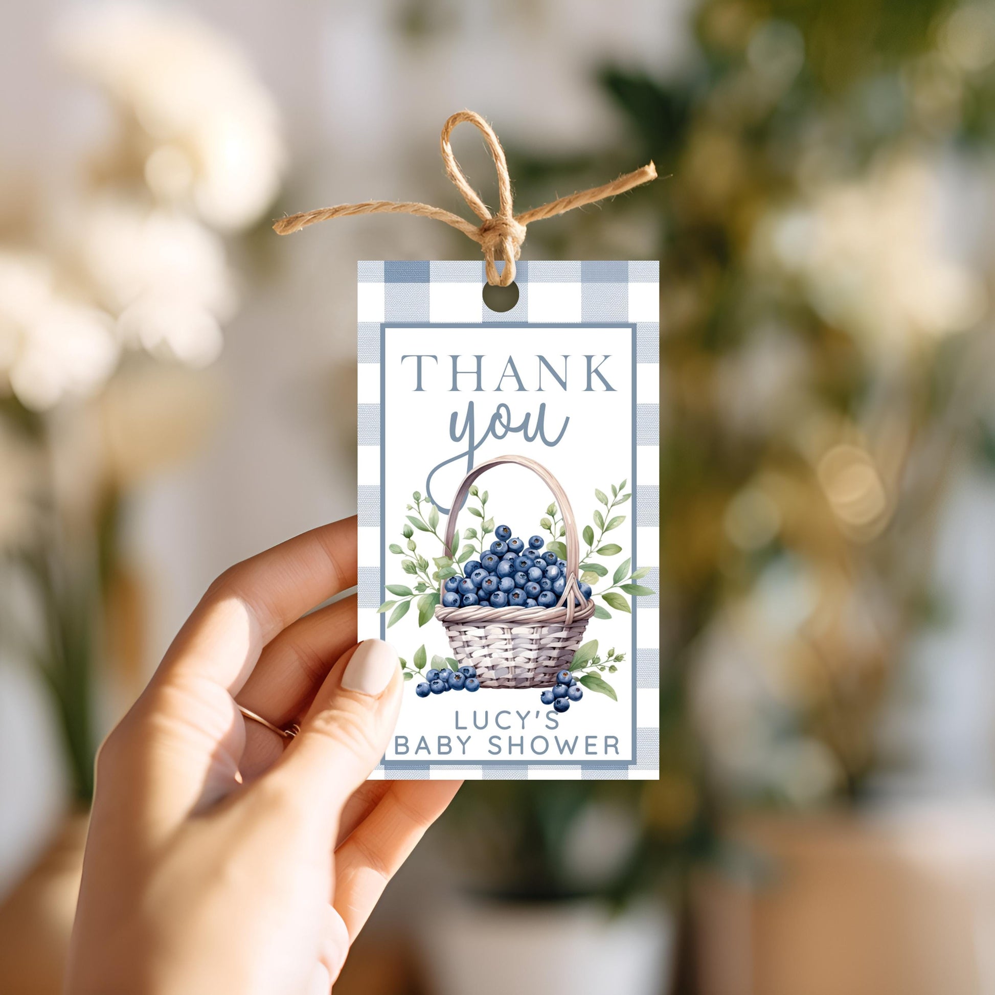 Blueberry Baby Shower Thank You Tag – Berry Sweet Favor Tag – Editable Template – Blue Gingham Corjl Tag – Printable Baby Shower Tag BL21