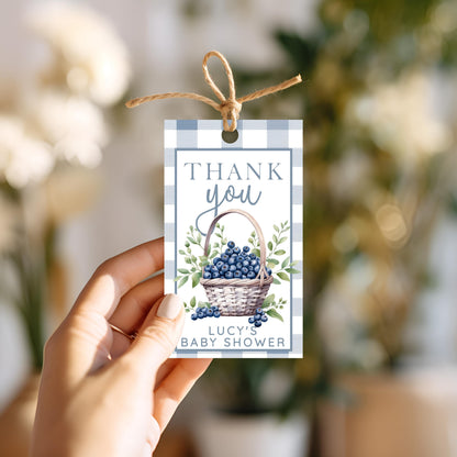 Blueberry Baby Shower Thank You Tag – Berry Sweet Favor Tag – Editable Template – Blue Gingham Corjl Tag – Printable Baby Shower Tag BL21