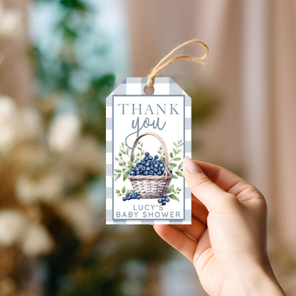Blueberry Baby Shower Thank You Tag – Berry Sweet Favor Tag – Editable Template – Blue Gingham Corjl Tag – Printable Baby Shower Tag BL21