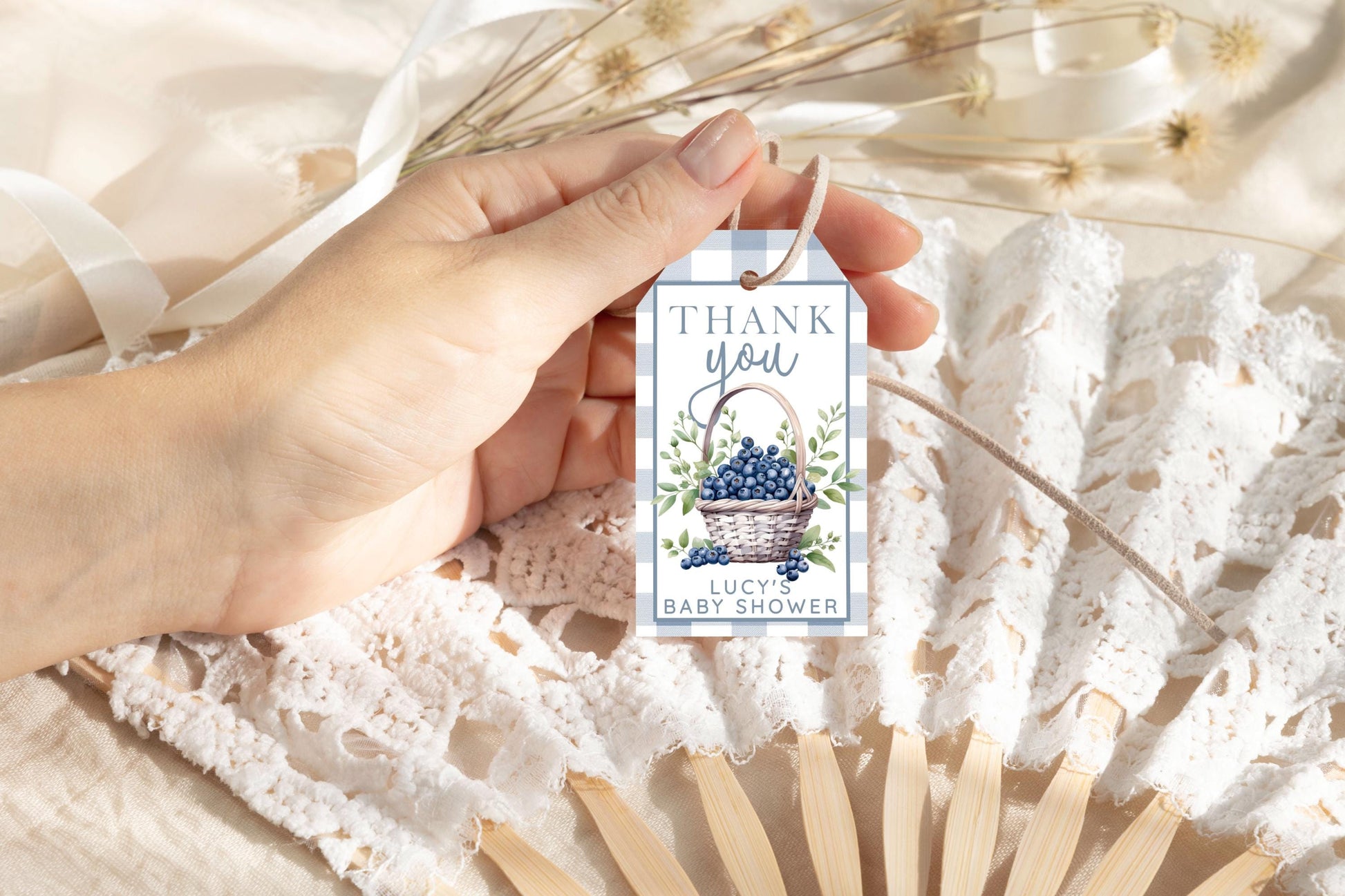 Blueberry Baby Shower Thank You Tag – Berry Sweet Favor Tag – Editable Template – Blue Gingham Corjl Tag – Printable Baby Shower Tag BL21