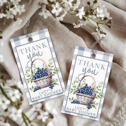 Blueberry Baby Shower Thank You Tag – Berry Sweet Favor Tag – Editable Template – Blue Gingham Corjl Tag – Printable Baby Shower Tag BL21