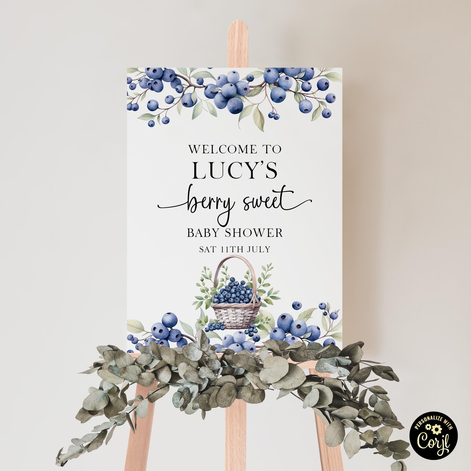 Blueberry Baby Shower Welcome Sign, Berry Sweet Welcome Sign, Editable Corjl Template, Rustic Blue Gingham, Printable Baby Shower Decor BL21