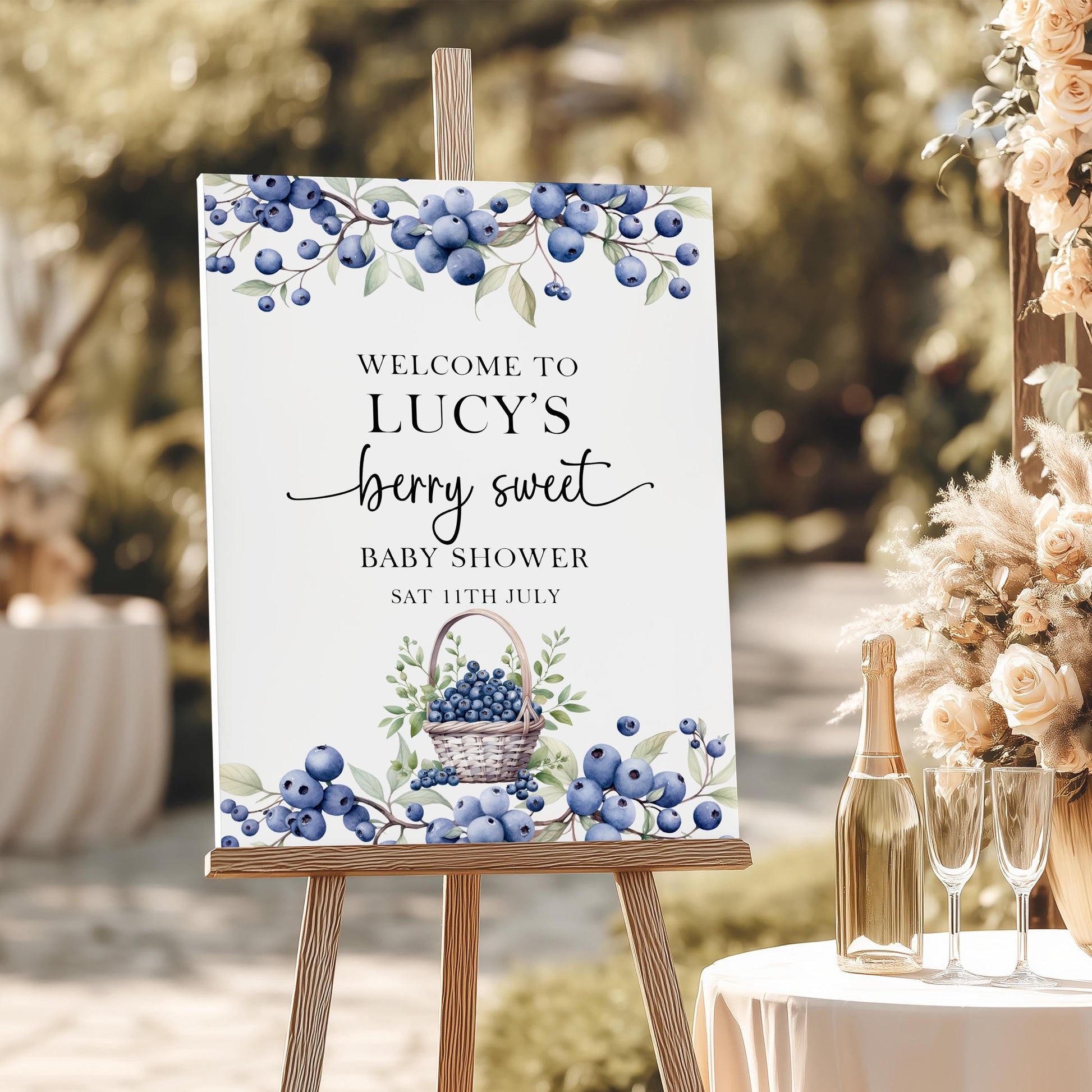 Blueberry Baby Shower Welcome Sign, Berry Sweet Welcome Sign, Editable Corjl Template, Rustic Blue Gingham, Printable Baby Shower Decor BL21