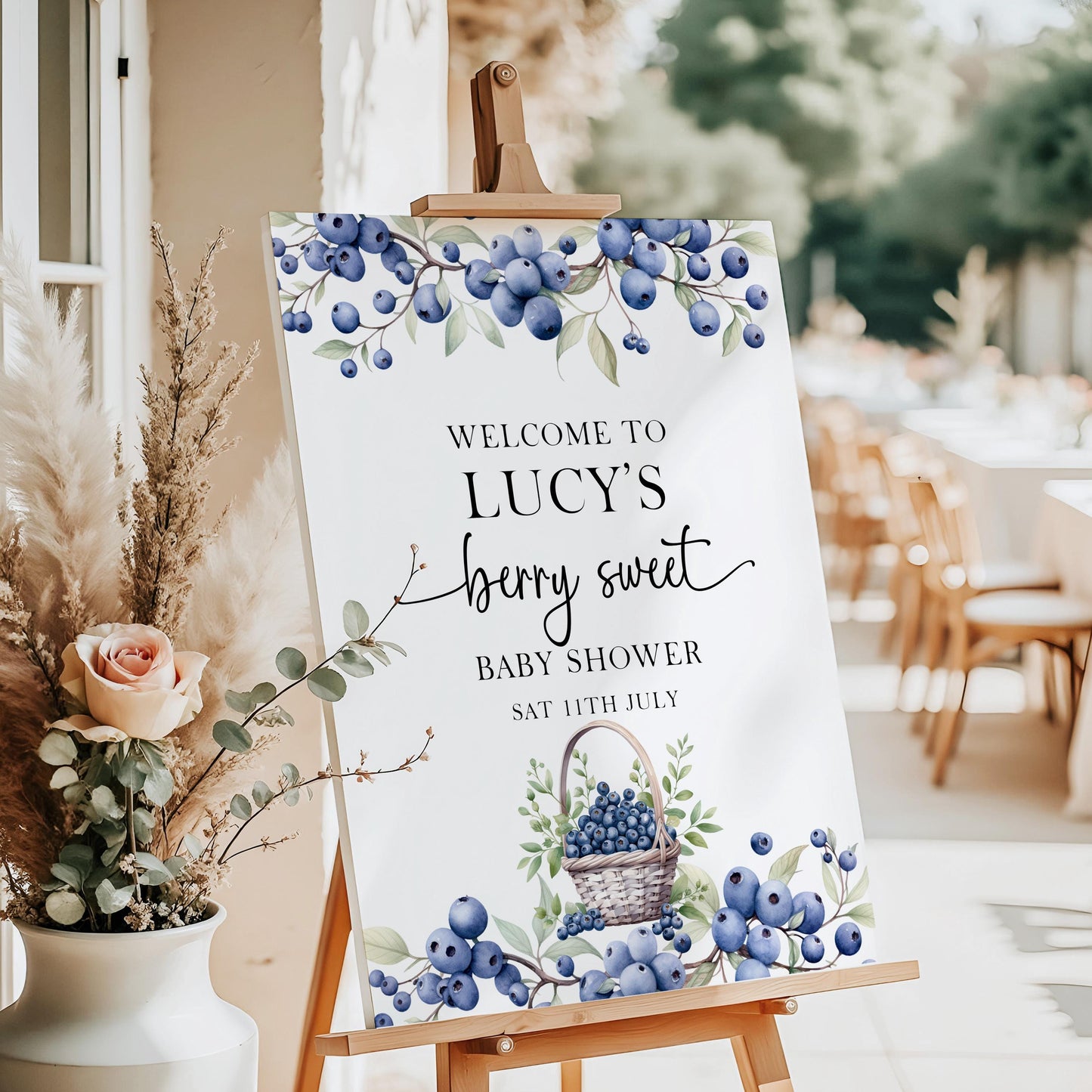 Blueberry Baby Shower Welcome Sign, Berry Sweet Welcome Sign, Editable Corjl Template, Rustic Blue Gingham, Printable Baby Shower Decor BL21