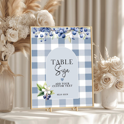 Blueberry Gingham Table Sign, Editable Table Sign Template, 5x7 & 8x10, Printable Table Decor, Blue Berry Wedding Sign – Corjl Template BL21
